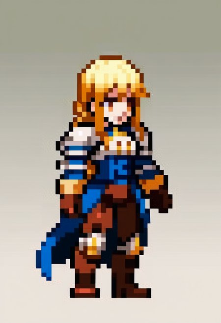 score_9, score_8_up, score_7_up, source_anime, BREAK, solo, 1girl, looking at viewer,  <lora:Leanboox-Sprite-Style-pdxl_Fp:1>, simple background, full body, pixel art, <lora:agrias-pdxl-nvwls-v1:0.8>, agrias, blonde hair, braided ponytail, shoulder armor, armor, corset, brown pants, brown gloves, knee pads, boots