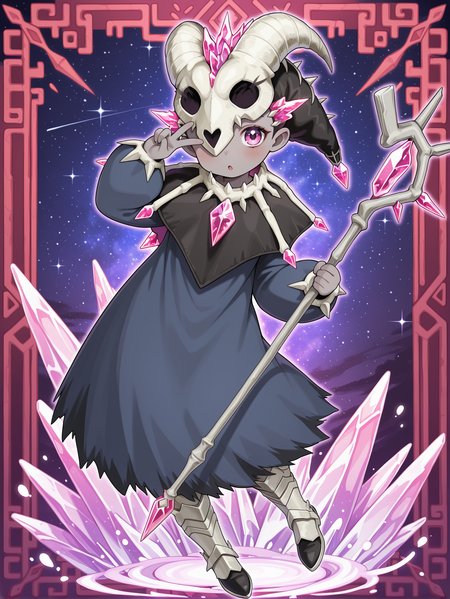 mementotlan mace,solo,1girl,pink crystal,looking at viewer,white knee boots,floating,full body,grey skin,blue dress,animal skull mask,black capelet,staff,holding staff,one eye covered, v, starry sky, red frame, leaning to the side, :o
masterpiece,best quality,amazing quality,very aesthetic,absurdres,newest,<lora:Mementotlan Angwitch & Mace illusXL v1.1:0.75>,