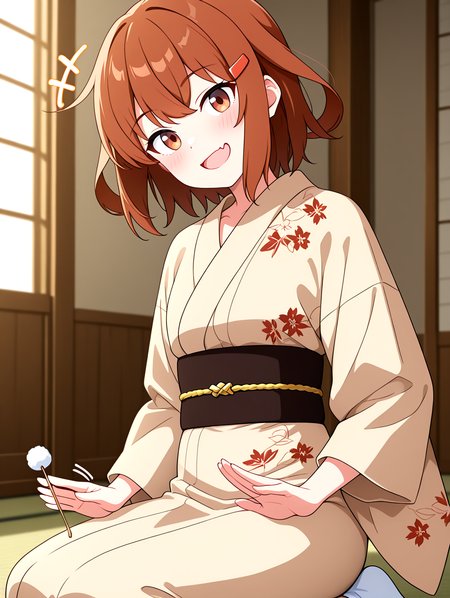 <lora:ikatuchi-yukata-outfit-000009:1>,ikatsuchi-wafuku,maple leaf floral print yukata,decorate black obi,iii iron symbol,short hair,brown japanese clothes,solo,brown hair,1girl,hairclip,hair ornament,fang,wide sleeves,brown eyes,skin fang,alternate costume,tabi,
<lora:Lap_Pillow_Invitation_IL:1>,holding mimikaki,(lap pillow invitation:1.2),motion lines,
faceless male side lying on her leg,
looking at viewer,blush,+++,open mouth,fang,strong smile,head tilt,doyagao,
window,sunlight,japanese-style room,paper doors,
masterpiece,best quality,newest,absurdres,highres,detailed eyes,beautiful,detailed background,perfect eyes,anime coloring,anime screencap,
<lora:add-detail-xl:1>,<lora:ponyv4_noob1_2_adamW-000017:0.8>,wear clothes,