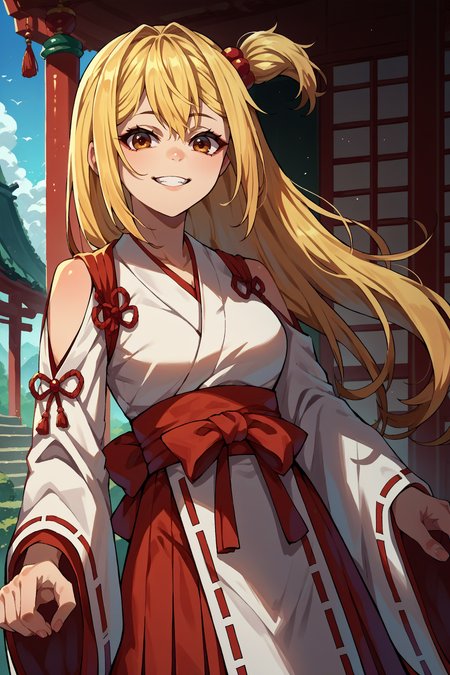 score_9, score_8_up, score_7_up, score_6_up, source_anime, 1girl, solo,  <lora:yuriamagake-pdxl-nvwls-v1-000004:1> amayr, blonde hair, long hair, one side up, brown eyes, miko costume, miko, looking at you, japanese architecture, smile