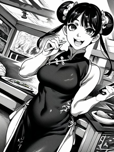 score_9, score_8_up, score_7_up, score_6_up, 1girl eating sushi, open mouth, food, restaurant, paper lantern, looking at food, black hair, hair buns, medium breast, eyes, smile, china dress, looking at viewer, cowboy shot, dynamic pose, smile, cute, wide shot, solo, dutch angle, detailed landscape, 
 <lora:ABearHand_style:1>, HandBeardXLP, monochrome, greyscale,