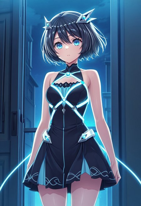 very awa,masterpiece, best quality, good quality,anime coloring,game_cg,1girl ,MidwayMinashigo,black hair,short hair,blue eyes,hair ornament,MidwayDress,glowing harness,standing
