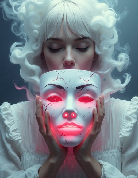 A young woman holding a cracked, glowing mask, enveloped in soft white smoke. Her downward gaze and closed eyes radiate calm introspection, contrasting with the intensity of the mask’s vivid red light and fracture lines. The dreamlike color palette of cool tones emphasizes stillness and mystery, while the glowing cracks hint at suppressed emotion or power beneath the surface. This image blends themes of identity, transformation, and hidden energy into a hauntingly beautiful, symbolic composition.