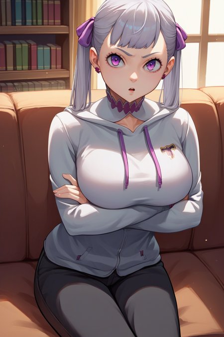 score_9, score_8_up, score_7_up, score_6_up, source_anime BREAK 1girl, solo <lora:noellesilva-pdxl-nvwls-v1-000005:1> noelle silva, grey hair, purple eyes, twintails, hair ribbon, grey hoodie, black pants, crossed arms, sitting, couch, big breasts, looking at you, chestnut mouth, bookshelf, living room