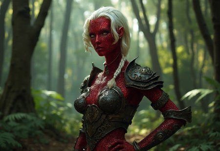 A hyper-realistic professional photo of a woman with deep red, reptilian-like skin featuring subtle, scaly textures that reflect light, giving her an otherworldly and powerful presence. She stands confidently in a dense forest, surrounded by towering trees and dappled sunlight filtering through the canopy. She wears intricately designed, dark armor that blends natural and mystical elements, with metallic accents that glint subtly in the light. Her expression is poised and self-assured, her piercing gaze directed forward as if ready for battle. Her hair is a striking platinum blonde, styled back to reveal her intense eyes. The forest around her is lush and mysterious, adding to the scene's epic and adventurous feel, with natural light emphasizing her otherworldly yet commanding presence.