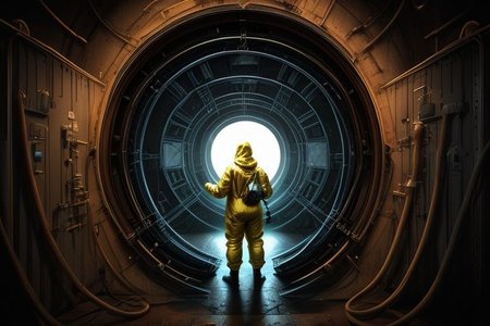 a portal back into 1903, the portal is built in Lawrence Livermore Labs, in a special chamber room monitored by a team of watching scientists.  A man in a hazmat suit approaches the surface of the time portal, where he can see the streets of New York circa 1903, amazing, captivating and amazing moment, 
highly detailed,