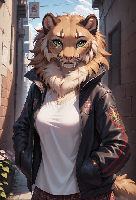 score_9, score_8_up, score_7_up, source_furry, high quality, perfection, detailed, aesthetic, well-lighted,
1girl, solo, upper body,
rural city, alley, early spring,
furry female, anthro, furred body, fluffy fur, beautiful girl, cute girl, adult, youthful, beautiful face,
(sabertooth:1.2), beige fur, spotted fur, medium breasts, (no hair, hairless, bald), fangs, fluffy neck tuft, extra fluffy, short tail, green eyes,
oversized bomber jacket, black sukajan jacket, flowers pattern, white shirt, (untucked shirt:1.2), skirt,
standing, looking at viewer