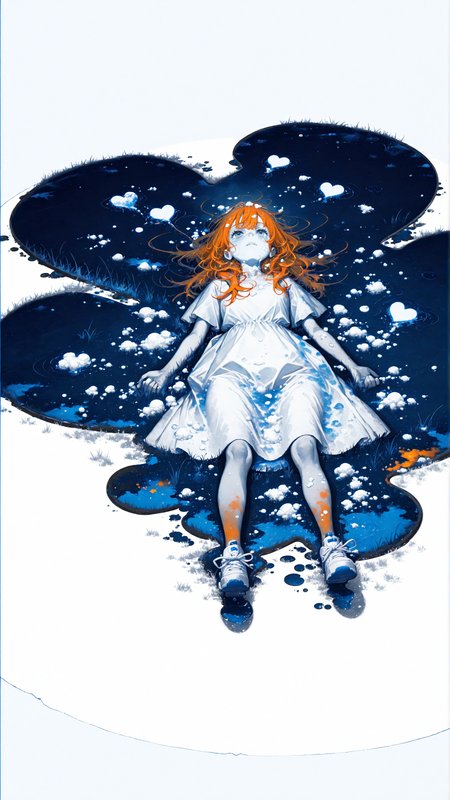masterpiece, newest,absurdres,incredibly absurdres, best quality, amazing quality, very aesthetic, white background, blue theme, orange hue, surreal,
1girl, white dress, long hair, ginger hair, puddle, air bubble, grass, heart bubble,white sneakers, 
 <lora:Neg4tive_sp4ce:1>  <lora:G0zeNA_style:0.8> G0zeNA_illu,  <lora:Mika:1> <lora:KonYa666:1> kony4666