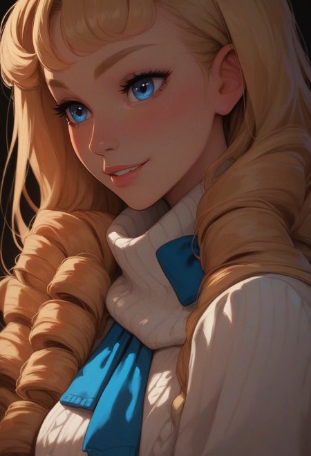 score_9, score_8_up, score_7_up, score_6_up, 
1girl, 18yr old Alice in wonderland, perfect face, cute, petite,
Blue eyes, 
Blonde long hair, ringlets, blue glowing scarf, 
white sweater, long sweater, long sleeves,
Blue layered skirt, 
white thighhighs, 
Close up, smiling
night, dark