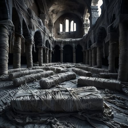 mummy cathedral, bandages, professional photo, very detailed and dramatic, cinematic, darkness<lora:mummy:1>