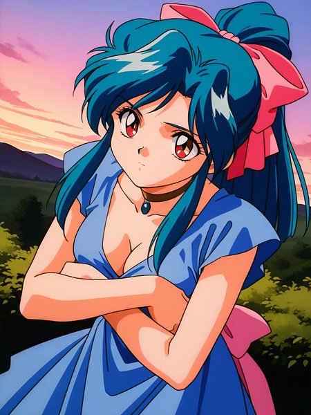 general,highres, ultra-detailed,very aesthetic,best quality ,best hands,  BREAK <lora:Diana_Minerva_no_Kenshi_IS:1>Diana, 1girl,solo, blue hair, long hair, red eyes, bangs, ponytail, sidelocks, medium breasts, hair bow, aqua hair, pink bow,
1990s \(style\),anime coloring, 
solo, choker, ribbon, closed mouth, brown eyes, bow, blue dress,
cleavage,
outdoor, sky,
