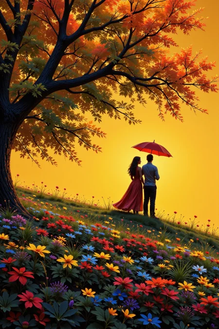 a couple in love sharing an umbrella beautiful  landscape, golden hour, woman, very intricate, very detailed, sharp, bright, colorful, <lora:Hand v2:0.5> <lora:Anti-Blur:1><lora:Insane Detail Slider:0.25>  <lora:flux.1_lora_flyway_Epic-detail_v2:0.3> <lora:fluxenhancer:0.25>  <lora:ROWER:0.6>