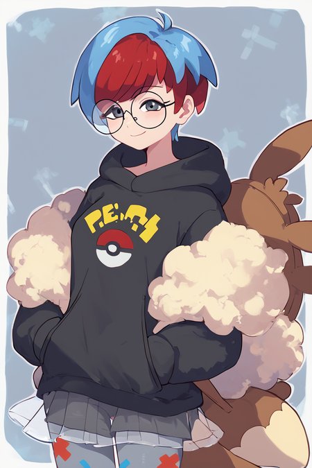 score_9, score_8_up, score_8, medium breasts, (curvy), cute, eyelashes,       ,,, , ,,, zzPenny, grey eyes, glasses, short hair, red hair, blue hair, multicolored hair, round eyewear, two-tone hair,  long sleeves, hood down, black hoodie, backpack, bag, brown bag, pantyhose,   see-through skirt,   <lora:Penny_Pokemon_PDXL:1.0>,  ,,,, BREAK, smile, looking at viewer, cowboy shot, ,,, embedding:zPDXL, Expressiveh, ,,, <lora:Zankuro_Style_PDXL:0.8> <lora:SDXLFaeTastic2400:0.5>, <lora:Expressive_H-000001:0.4>,
