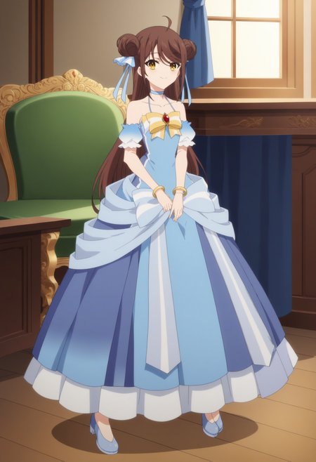 score_9, score_8_up, score_7_up, score_6_up, score_5_up, score_4_up , anime coloring ,BREAK source_anime, anime,screencap,  
1girl, solo, falanyaa, bare shoulders, chest bow, blue hair ribbon, detached sleeves, gold bangle, blue dress, long dress, blue choker, <lora:PonyXL Falanya:1>
indoors,full body,
smile, looking at viewer,