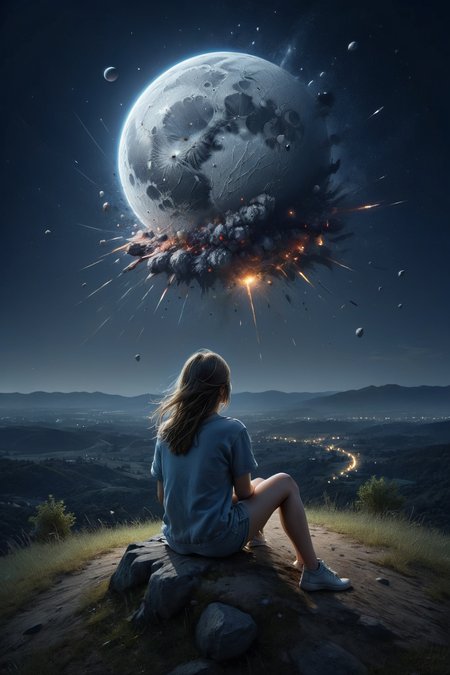 girl sitting on a small hill looking at night sky, fflix_dmatter, back view, distant exploding moon made of ral-vlntxplzn, ultra-realistic, extremely detailed, <lora:add-detail-xl:1> <lora:DarkMatterXLv2:0.6>  <lora:ral-vlntxplzn:0.6>