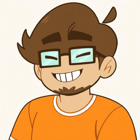 <lora:Saberv1.0:0.8> (zPDXL2), score_9, score_8_up, score_7_up, source_cartoon, saber (saberspark), 1boy, solo, human, tan skin, short hair, brown hair, brown facial hair, raised eyebrows, glasses, closed eyes, ^ ^, smile, teeth, orange shirt, short sleeves BREAK headshot portrait, from front BREAK flat colors