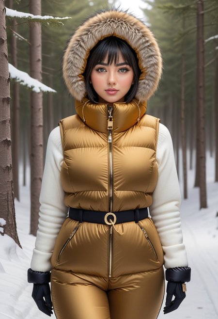 ((((puffer padded jacket)))), ((((puffer padded coat)))), ((((full body)))), ((((fur boots)))), ((((puffer pants)))), ((((puffer hood up)))), winter, snow, forest, 1girl, solo, (masterpiece), detailed face, detailed eyes, (beautiful detailed eyes:1.5), sidelighting, (super detail, hyper detail, intricate_details, detailed), (semi realistic:1.6), (Bob cut), blunt bangs,(black hair), (purple eyes, eyelashs), tanned skin, smug smile, angry face, Golden jewelery, golden rings, golden necklace, golden armlets, golden chains, padded collar, Thick padded collar, <lora:Collar-SDXL:0.6>, <lora:cropped_puffer_vest_v2:0.4>, <lora:snowpants_v1:0.4>