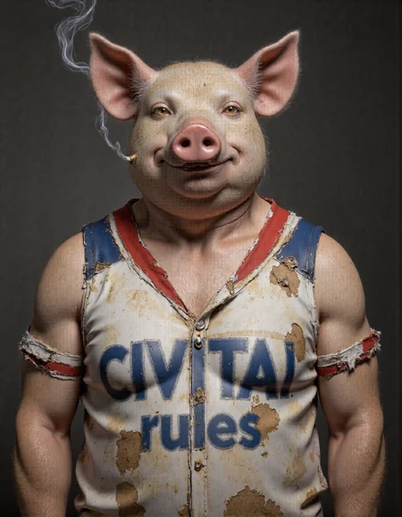 <lora:humanimality2:1>, This is an ultra-realistic, highly detailed portrait of a pig rendered with meticulous attention to texture, lighting, and natural imperfections. The pig stands confidently against a smooth gradient grey background that transitions from a deep charcoal at the bottom to a soft silvery hue near the top, creating a neutral yet dynamic setting that highlights every intricate detail of the subject., The pigâs body is round and robust, covered in a short, bristly coat of fur that captures the essence of its rough lifestyle. Each strand of hair is individually visible under the soft, diffused lighting, with subtle variations in color ranging from pale pink to deeper shades of dusty rose and faint hints of beige along the edges where light catches the coarse hairs. The skin beneath the fur has a textured surface, showcasing fine wrinkles, tiny pores, and patches of uneven pigmentation that add an authentic tactile quality to its appearance. Around the snout, the skin is slightly tougher and more leathery, with prominent folds and creases that emphasize the animal's expressive nature., Its face features sharp, lifelike details: reddish-hued eyes gleam faintly as if reflecting some distant source of light, their wet surfaces catching highlights that make them appear almost alive. A mischievous smirk plays across its lips, which are slightly parted to reveal a glimpse of small, worn teeth. The nostrils flare subtly, one holding a cigarette precariously between its ridges. Thin wisps of smoke spiral upward lazily, curling into delicate tendrils before dissipating into the air. These ethereal trails of smoke catch the light beautifully, adding movement and depth to the otherwise still composition., The pig wears a dirty, well-worn white shirt with blue and red striped accents on the shoulders and a bold red collar. The fabric is frayed at the edges, stained with smudges of dirt and grease, suggesting years of hard use or manual labor. Faint sweat marks stain the armpits, while faint rips and loose threads give the garment a gritty, lived-in feel. Emblazoned across the chest in large, bold blue letters is the word "CIVITAI rules, " partially faded but still legible, further emphasizing the rugged aesthetic of the scene., Lighting plays a crucial role in this piece, with soft, even illumination casting gentle shadows that accentuate the pig's three-dimensional form. Subtle highlights run along the ridges of its ears, the tip of its snout, and the raised fibers of its fur, while deeper shadows pool within the folds of its skin and the creases of its clothing. This interplay of light and shadow creates a masterfully realistic rendering, drawing the viewerâs eye to the intricate textures and imperfections that define the pig's character., Every element of this portraitâfrom the carefully crafted texture of the pig's bristly coat to the delicate trails of smokeâhas been meticulously designed using advanced CGI techniques combined with photorealistic textures. The result is an unparalleled level of realism that blurs the line between digital art and photography, inviting viewers to linger over the smallest details and marvel at the lifelike portrayal of this unconventional yet compelling subject.