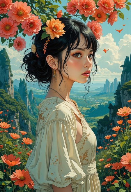 (by Yumihiko Amano:1.2), masterpiece, high-quality, organic background and young woman ,Style is Whimsical realism with surreal landscape details, organic flow, tranquil yet vast,(elaborate fine details:1.1), (hyperdetailed:1.1), (intricate details:1.0), (Refined details:1.1), (best quality:1.1), (high resolution:1.2)
