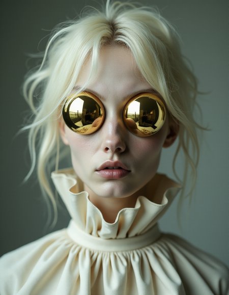 Frontal portrait of an albino woman with messy hair and huge shiny mirror orbs with golden waters embedded in her face, ruffled linen collar with wide folds, apathetic expression, muted and neutral tones, soft shadows, hyper-detailed