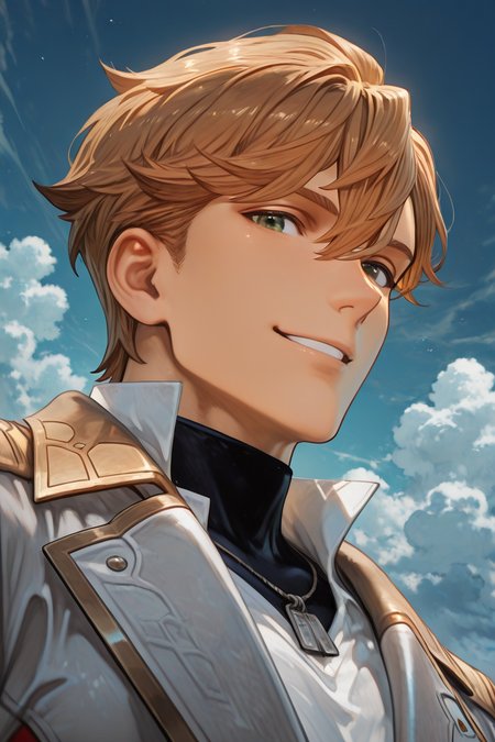 Viktor von Duerer-1male focus, brown_viktor von duerer_hair, green_viktor von duerer_eyes, manly, looking at viewer, white_viktor von duerer_military uniform, black_viktor von duerer_turtleneck shirt, gold_silver_Viktor von Duerer_dog tags, smiling, outdoors day clouds, blue sky, close up, upper body, from below, dutch angle, dynamic angle, dynamic action, atmospheric perspective, cinematic, intricately detailed illustration, depth of field, masterpiece, best quality, amazing quality, very aesthetic, absurdres, newest, masterpiece, best quality, amazing quality, very aesthetic, detailed eyes, perfect eyes, realistic eyes