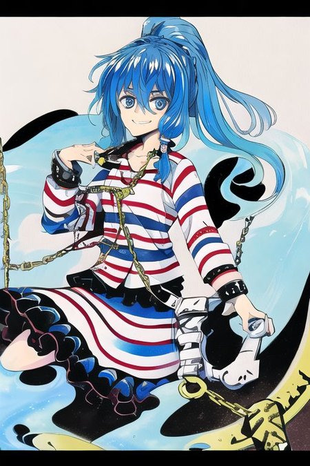 solo, 1girl, solo_focus, ((too many)):16, 
watercolor (medium), traditional media, 
miyadeguchi_mizuchi, solo, 1girl, smile, shirt, long_sleeves, skirt, hair_ornament, teeth, ponytail, chain, cuffs, blue_hair, shackles, long_hair, chains, striped_shirt, striped, skull_hair_ornament, blue_eyes, hair_tubes, bags_under_eyes, ghost, glowing_eyes, wide-eyed, spirit,