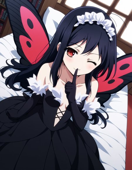 score_9, score_8_up, score_7_up, source_anime, <lora:accelworld-kuroyukihime-s1-ponyxl-lora-nochekaiser:1>, kuroyukihime, long hair, black hair, red eyes, antenna hair,, gloves, dress, bare shoulders, hairband, wings, elbow gloves, butterfly wings, black dress, center opening, collarbone, long skirt, frills, headdress, black headdress,, bedroom, bed, pillows, nightstand, window, , <lora:shushing-ponyxl-lora-nochekaiser:1>, shushing, finger to mouth, index finger raised, from above, library, smile, blush, one eye closed, dutch angle,, looking at viewer, solo,, dutch angle, cowboy shot