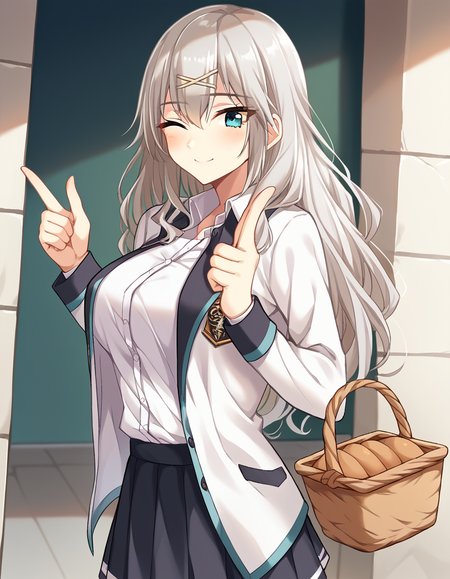 score_9, score_8_up, score_7_up, source_anime, <lora:aina-leminen-ingame-ponyxl-lora-nochekaiser:1>, aina leminen, long hair, bangs, blue eyes, large breasts, hair ornament, hair between eyes, hairclip, x hair ornament, grey hair,, skirt, shirt, long sleeves, school uniform, jacket, white shirt, pleated skirt, open clothes, miniskirt, black skirt, open jacket, dress shirt, white jacket,, farmers market, fresh produce, local vendors, baskets, sunny day, community, , <lora:double-finger-gun-ponyxl-lora-nochekaiser:1>, double finger gun,, blush, smile, one eye closed, from side, looking at viewer, solo,, dutch angle, cowboy shot