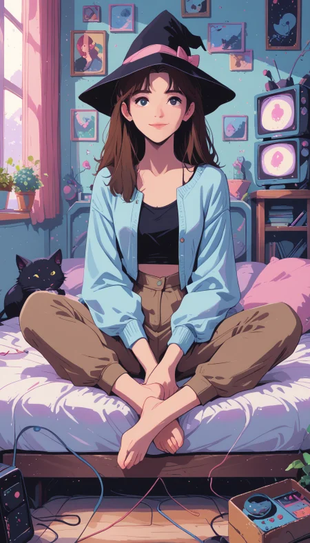 masterpiece, Shinkaistyle, STYLE_PONYXL_guweiz_ownwaifu,
pinkretroanime, retro art,
Cyberpunk Style, cyberpunk, science fiction, hi tech, future tech, neon, (Cybernetics:1.25), (Neon Cityscape:1.4), (lineless:1.5), smooth edges, (lighten the face:1.5), tall body, slender body, fit body, long legs, ghost cat, white ghost cat, white transluscent cat, white see through cat, The image depicts an animated scene in what appears to be a cluttered room with a mix of anime and Western cartoon styles. At the center, there is a young male character sitting on a bed amidst disarray, with numerous objects scattered around him. He is holding a small electronic device that he seems to be repairing or playing with. The character has short brown hair, glasses, and a contemplative expression as he looks down at the device in his hands. He's wearing a simple, unbuttoned denim shirt and shorts, which suggests a casual setting. In front of him on the bed are various items such as a cat toy, a pair of scissors, a bottle labeled "Potions," a small cactus, and a pair of glasses. The room itself is dimly lit with natural light filtering in from unseen windows or doors, creating a warm and cozy ambiance despite the mess. The background features an array of shelves or tables against one wall, which are filled with assorted items including books, figurines, and what looks like various potion bottles or ingredients, hinting at a magical or fantasy theme. The overall atmosphere is one of domestic comfort intertwined with elements of the character's hobbies and interests, suggesting that he enjoys tinkering with technology and magic., 1girl, solo, long hair, smile, short hair, bangs, brown hair, shirt, black hair, long sleeves, hat, holding, sitting, closed mouth, jacket, full body, open clothes, barefoot, pants, indoors, medium hair, black eyes, sweater, open jacket, sketch, book, black shirt, window, black headwear, bed, witch hat, animal, on bed, chair, table, cat, cardigan, plant, curtains, blue jacket, box, desk, paper, witch, potted plant, controller, indian style, computer, open cardigan, photo \(object\), bedroom, brown pants, black cat, television, monitor, scissors, mouse, shelf, cardboard box, drawing, game console, needle, too many, drawer, holding needle, thread, messy room, sewing