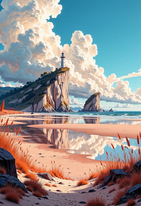 <lora:Vibrantly_Dark_style_v.1:0.8> VibrantlyDark style. <lora:Vibrant_watercolor_v.22:0.8> Seen from a low perspective across glistening tidal flats, white cliffs rise. Atop one cliff that pokes out closer to the ocean a tall brilliant lighthouse stands. Fleeting sunlight breaking through moving clouds. Reflected sky and rippled sand mingle in mirrored brushstrokes of steel blue, copper pink, and misty beige. Windswept grasses populate the foreground with quick dashes of paint. Monet's textural layering and high-key tonal range lend vibrancy and a sense of pilgrimage to this windswept, reverent seascape, painted with a muted triadic palette that balances oceanic cools with earthy warmth.