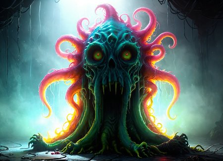Ombre color scheme of neon orange, neon pink, neon blue, neon yellow, neon green, monster, tentacle legs, horror, creepy, gloomy, fog, mist, destroyed, ruined, scifi,  <lora:YhnrFractalXL:0.29> <lora:sss:0.8> <lora:another-bored-monsters:0.3> fx-monsters  <lora:Melting_world:0.28> <lora:gloomyXL:0.69> gloomy, yinan <lora:xl_more_art-full_v1:0.58>, subsurface scattering, Photorealistic, Hyperrealistic, analog style, realistic, film photography, soft lighting, heavy shadow