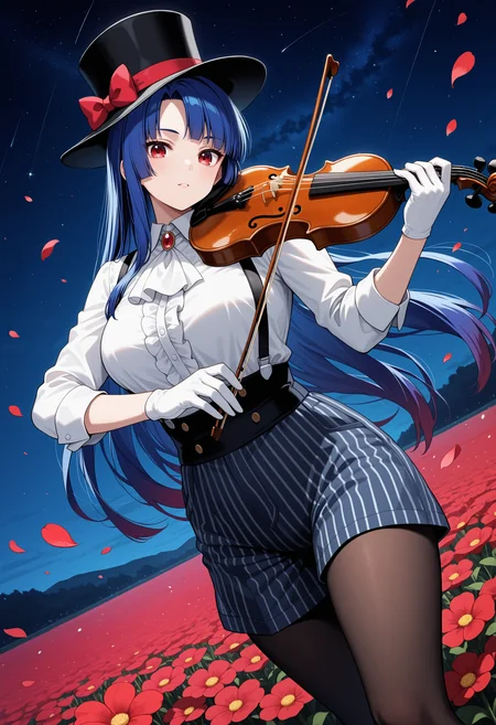 masterpiece, best quality, 1girl, solo, yatsu murasaki, mature female, blue hair, long hair, bangs, kodona, collared shirt, hat bow, frills, long sleeves, top hat, shorts, field, flower, flower field, falling petals, petals, red flower, holding instrument, holding violin, music, playing instrument, standing, violin, red eyes, suspenders, ascot, pantyhose, gloves, striped, striped shorts, night, starry sky, dutch angle, looking at viewer