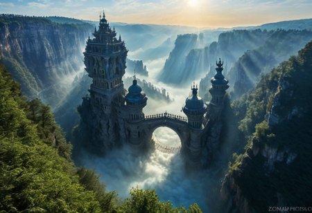 towers ringed in mist, sunrays, mixed media, surrealism, fantasy, great lighting, A surreal landscape highly detailed, extremely high-resolution details, appears trapped in an optical illusion of reflections and refractions colorful, Zhangjiajie mountains,  Vienna in contemporary Austria, baroque architecture, stone bridges, winding rivers extending to the horizon, professional photography, natural lighting, volumetric lighting maximalist. vivid, vibrant colors, intricately detailed, complex, elegant, expansive, fantastical, film photography style, medium grain, cmnt
 (8k uhd:1,4)
 <lora:add-detail-xl:1>
 <lora:Dynamic Poses:1>