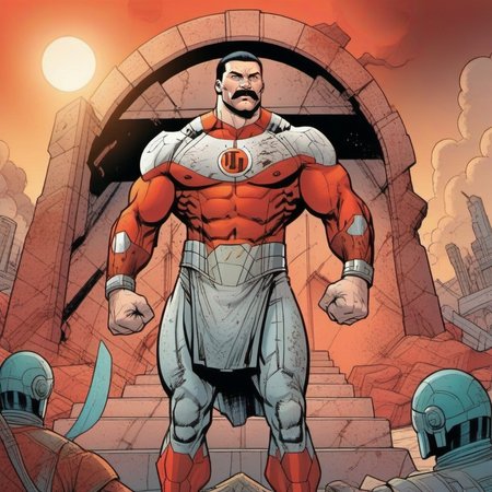 comic a (((full body portrait)))  muscular man with a moustache in a white and red bodysuit, lion head, standing in a spaceship <lora:Thragg1024:0.8> . graphic illustration, comic art, graphic novel art, vibrant, highly detailed