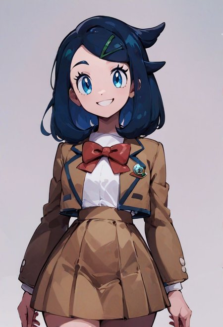 score_9, score_8_up, score_8, medium breasts, 
(curvy), cute, eyelashes, 
liko \(pokemon\),
blue hair, hair clip, brown skirt, white shirt, red bow, school uniform, brown jacket, smile, looking at viewer, cowboy shot, contrapposoto,