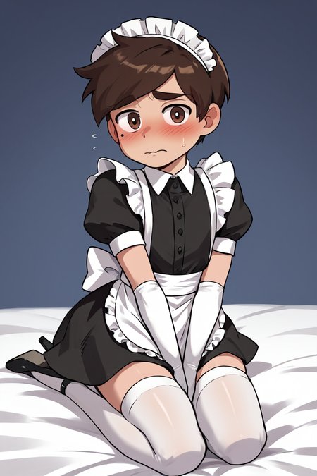 score 6 up,score 7 up, score 8 up,score 9,blush,short sleeves,looking at viewer,  <lora:marco_diaz:0.7>,marco diaz,brown hair,mole under left eye,short hair,solo,thick eyebrows,<lora:Lucyla_Art_Style:0.4>,male focus,maid headdress,maid uniform,,embarrassed,black heels,white elbow gloves, white stockings