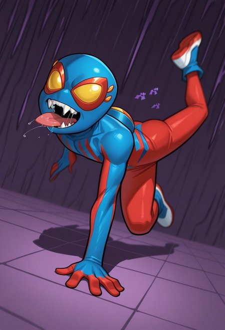 1boy, male focus, cute boy, BaileyBriggs, Mask, Yellow Eyes, Spiderboy Costume, Two-tone Bodysuit, Red Bodysuit, Blue Bodysuit, fangs, tongue, saliva, menacing, cinematic, intricately detailed illustration, depth of field, masterpiece, best quality, amazing quality, very aesthetic, absurdres, newest, very awa, shadow, dynamic angle, casual cosplay, dynamic pose,  action pose,