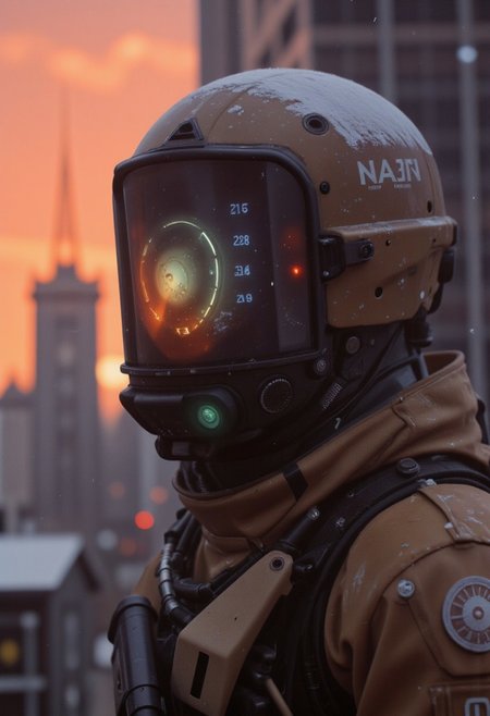 Extreme head closeup of a hooded fishtank-head armored robot, set against a cloudy, high-contrast night in a snow-covered cyberpunk metropolis adorned with towering black monoliths. The helmet’s front features a translucent dark-orange glass tank, with a digital display where the eyes would be. On this display, long lines of greenish-orange abstract code stream downward, aligned to the right side of the screen. The code moves in steady, wave-like pulses, resembling a digital meter, matching the fading orange light of a distant sun.
This code subtly blends into the ambient glow of the metropolis, causing the armored figure to nearly merge with the background of towering, decaying skyscrapers. The floating galaxy within the glass tank is faintly visible, shrouded in the dark neon shadows of the city. The semi-transparent camo cloak of the specialist reflects the cyberpunk tiles, but these reflections are dimmed, nearly fading away. The vibrant greenish-orange glow from the display ties the soldier and the sprawling metropolis into a single surreal, dystopian atmosphere, as if both are dissolving into the dying light of the distant sun.