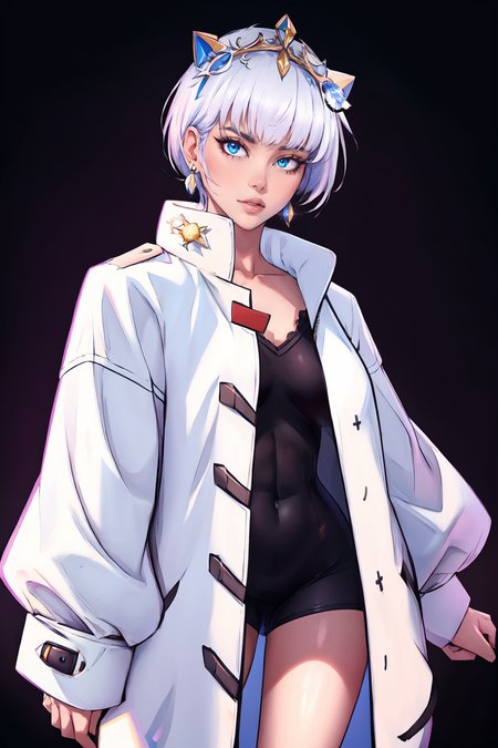 (masterpiece, best quality, absurdres, 4k, aesthetic, detailed, intricate),abstract background,1girl,,majoCleopatra,white hair,short hair,tiara, earrings,winter coat, <lora:majocleopatra-nvwls-v1:0.9>  <lora:Oversized Clothes 2_400740:2> oversized clothes
