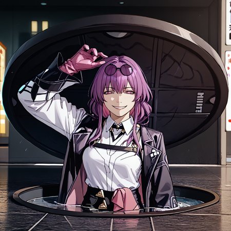 score_9, score_8_up, score_7_up BREAK kafker, purple hair, purple eyes, glasses on head, white shirt, harness, pink gloves, open jacket, black high-waist shorts, handkerchief IncrsAnyasHehFaceMeme, grin, Majima everywhere, manhole cover, arm up  <lora:AnyasHehFaceMeme_XLPD:1> <lora:Majima everywhere 3:1> <lora:Kafka777:1>