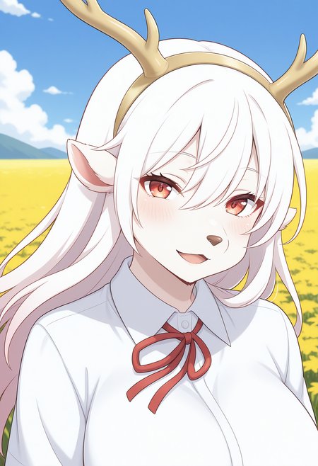 haruhino_shirona, red eyes, white hair, long hair, antlers, furry female, furry, animal ears, (animal nose:1.2), body fur, hairband, neck ribbon, school uniform, collared shirt, white shirt,  <lora:haruhino_shirona_illustrious_ver1:0.8> 
smile, 1girl, solo, (field:1.2), (blue sky:1.2), looking at viewer,, masterpiece, best quality, general,, (upper body:1.2), (close-up:1.2), (facing viewer:1.2), (open eyes:1.4), (portrait:1.2)