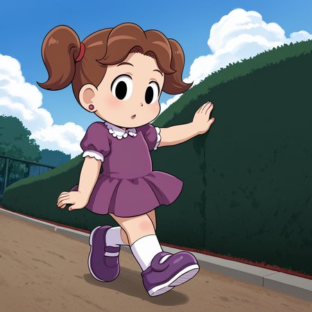 outdoors,  <lora:DeniseV2:1> denisetdm, 1girl, solo, black eyes, reddish-brown hair, twintails, short twintails, jewelry, earrings, dress, purple dress, short sleeves, whit socks, shoes, purple footwear