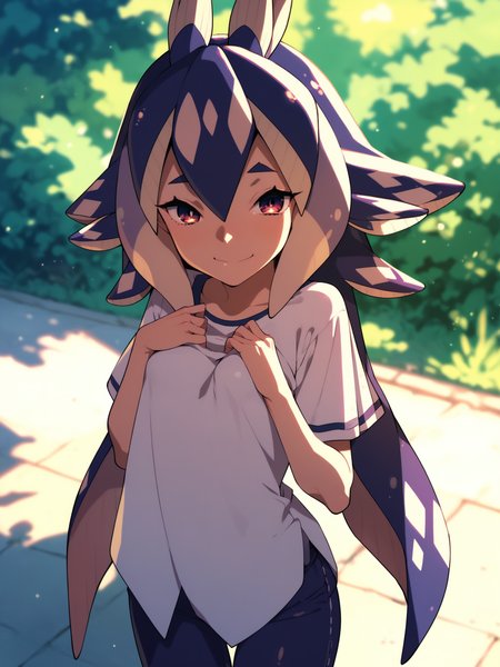 <lora:happy_tentacle-paisci-v0.1-000028:0.9>, ht_paisci, shirt, pants, outdoors , 1girl, solo, cowboy shot, thighs , unusually open eyes , ( naughty face :1), , looking at viewer , standing , facing viewer , score_9, score_8_up, score_7_up, score_6_up, score_5_up, score_4_up