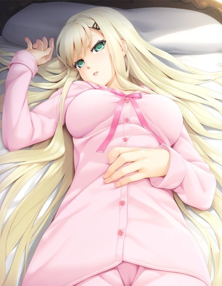 kannagi yuuri, light green eyes, blonde hair, very long hair, sidelocks, hairclip, large breasts, pink pajamas, long sleeves, pink ribbon, on bed, lying, on back, parted lips, solo <lora:Biman Adam-000063:1>