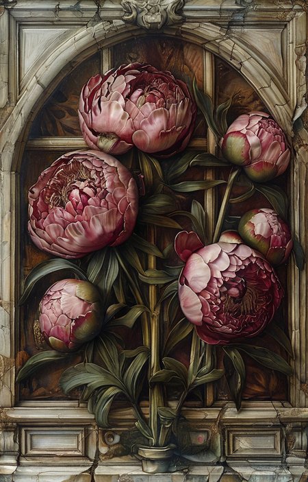 masterpiece,best quality,<lora:tbh167-sdxl:1>,illustration,style of Carlo Crivelli, decaying peonies