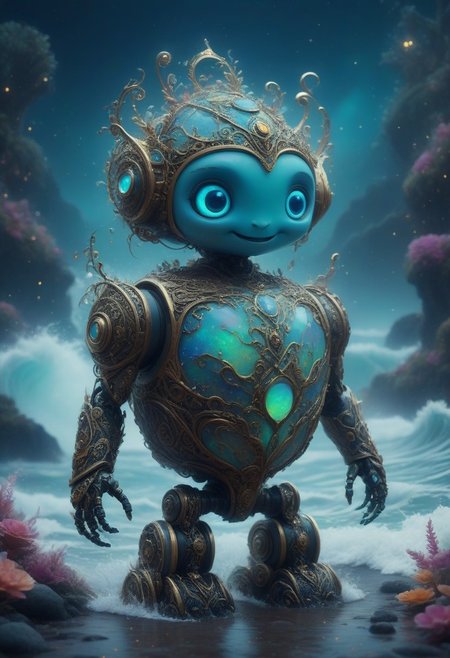 opal manuka robot, cute, fantasy, happy, at a fantastical beatch with big waves,,intricate details, 8k, cinematic film still, ultra sharp