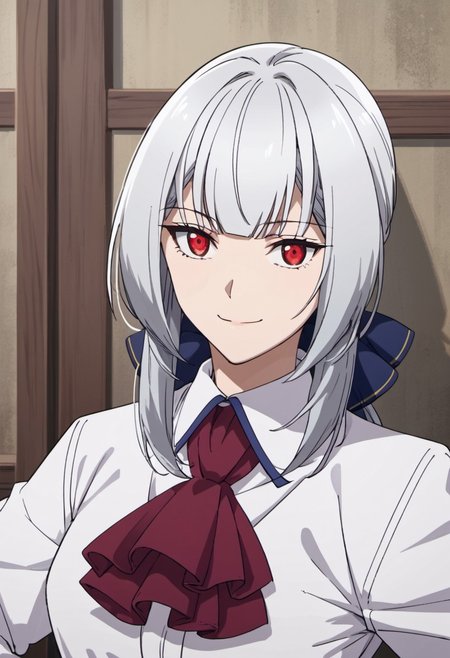 score_9, score_8_up, score_7_up, source_anime, christina, white hair, long hair, red eyes, 1girl, solo, grey hair, upper body, shirt, white shirt, closed mouth, ascot, smile, long sleeves, collared shirt, hands on hips