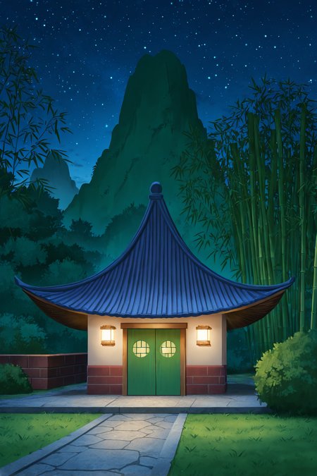 masterpiece, best quality, amazing quality, very aesthetic, high resolution, ultra-detailed, absurdres,grandpa house, east asian architecture, bamboo tree, green door, mount paozu, grass, thin mountain, night sky, bush,starry sky,scenery, no humans,bamboo,blue roof,brick,lights <lora:MountPaozuIllus:1>