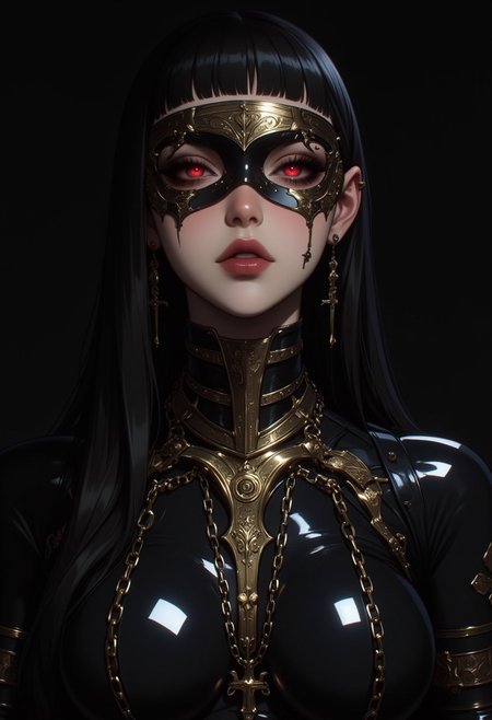 (HD, 8k, masterpiece artwork, illustration-fen, niji, gothic, erotic,) This is a highly detailed digital CGI artwork featuring a pale-skinned woman with long, straight obsidian-black hair and sharp bangs framing her delicate yet intense features. She wears an elaborate, futuristic black and gold mask adorned with intricate filigree patterns and cybernetic engravings, seamlessly blending gothic and sci-fi aesthetics. The mask’s glowing crimson eyes pulse with an eerie intensity, while a segmented metallic plate conceals her mouth, adding an enigmatic, machine-like presence. Her piercing gaze is accentuated with dark red eyeshadow, sharp winged eyeliner, and a subtle sheen on her flawless, porcelain-like skin.  
She is adorned with multiple gold chains draped across her neck and shoulders, exuding a regal, cyberpunk mystique. Gold-plated ear cuffs and delicate metallic embellishments trace her jawline, enhancing her futuristic allure. Her attire features a high-collared, form-fitting black bodysuit with gold circuit-like patterns running along the fabric, reflecting the dim light. The background is a deep, solid black, intensifying the contrast against her luminous skin and intricate accessories. The hyper-polished rendering captures every reflective surface, blending dark elegance with advanced cybernetics in a mesmerizing, otherworldly composition.