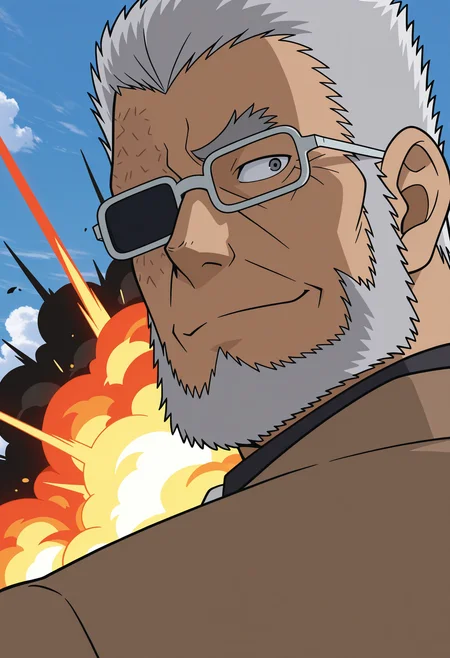 lazypos, 1boy, (close-up:1.5), light smile, looking back, from behind, outdoors, fire, explosion,
<lora:Kuroda_Hyoue_from_Detective_Conan_v1.0:1>,
kurodahyoue, mature male, grey hair, long sideburns, thick beard, thick eyebrows, forked eyebrows, glasses,
scar on face, burn scar, partially opaque glasses, single eyebrow,
brown suit, black shirt, collared shirt, white necktie,
